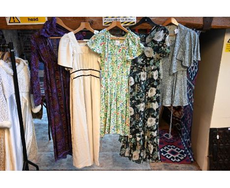 A collection of vintage summer dresses - A 1970 Simon Massey designed by Janice Wainwright floral maxi dress with buttoned bo