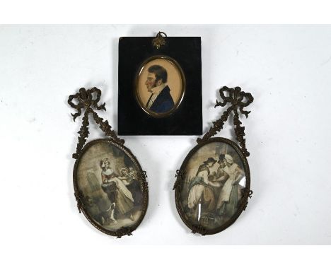 A Regency watercolour miniature oval profile portrait of a gentleman 7.5 x 5.5 cm, in ebonised frame to/w a pair of small bra