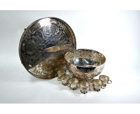 A Viners of Sheffield Alpha Plate large punch bowl with six cups, 38cm diameter, to/w a large circular tray with galleried ri