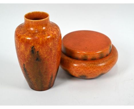 A Pilkington Royal Lancastrian mottled orange-glazed shape 3311 bowl and cover, 15 cm diam to/w a matching shape 2811 vase, 1