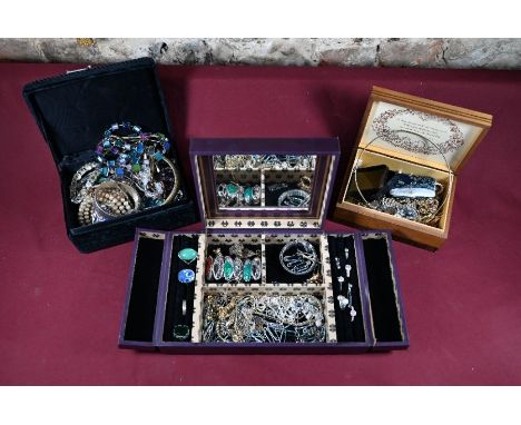 A collection of vintage and later costume jewellery including rings, gilt metal brooches, beads, bangles, chains etc (3 boxes