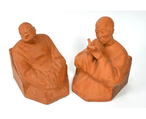 Gaston Hauchecorne (French 1880-1945) A pair of Art Deco terracotta bookends modelled as two Chinese gentlemen, 17 cm and 19 
