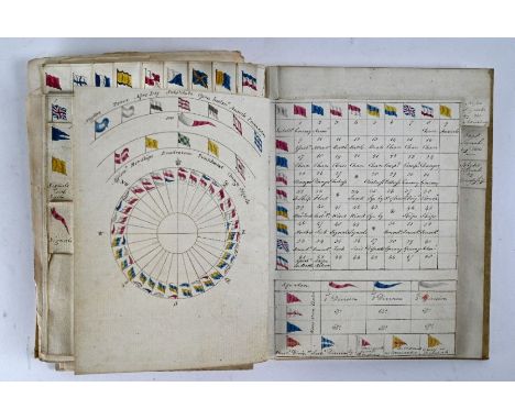Naval Interest - A late 18th century vellum-bound manuscript volume, inscribed on front 'Signals' with cut and inscribed page