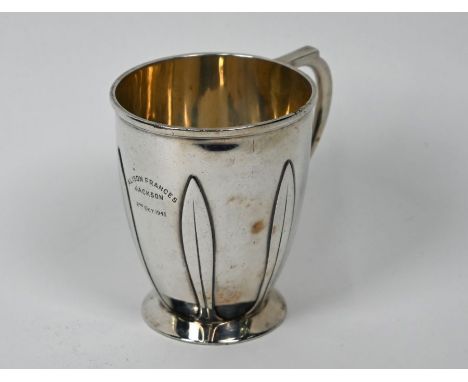 An Art Deco silver Christening mug with stylised foliate design, Roberts &amp; Belk, Sheffield 1930, 4.7oz (149g), 8cm high