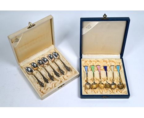 A cased set of six Norwegian silver gilt and harlequin enamel coffee spoons, stamped 'Sterling', J. Trostrup, Bergen, to/w a 