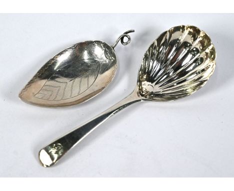 A George III silver caddy spoon in the form of a leaf with scrolling tendril handle, John Lias, London 1796, to/w an Old Engl