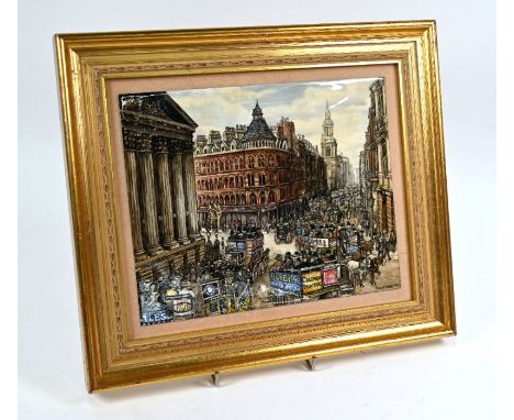 Rota E Whittaker RMS, hand-painted enamel panel 'The Mansion House c 1900', signed 20 x 25.5 cm, in gilt frame