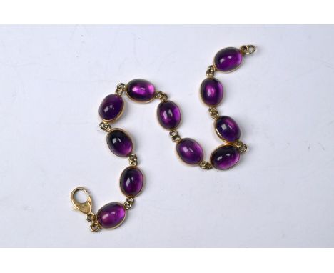 A 9ct yellow gold set bracelet set with oval amethyst cabochons, 18 cm longGood condition