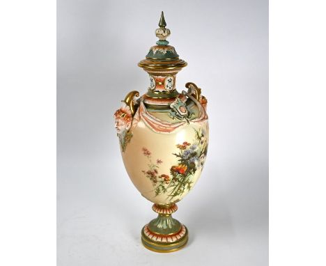 An Edwardian Royal Worcester large baluster vase and cover with pierced neck and twin faun-mask handles, finely-painted with 