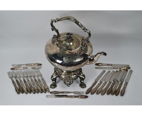 An early 19th Century large kettle with parrot finial, on ornate Rococo stand with burner, 42cm, to/w a Victorian part-set of