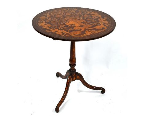 A 19th century floral marquetry inlaid tripod table, the circular tilt top raised over a baluster turned support 71 cm dia. x