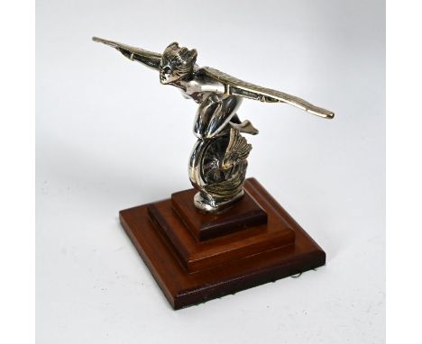 A vintage chrome 'Speed Nymph' car mascot, 14 x 22.5 cm, on stepped wood plinth