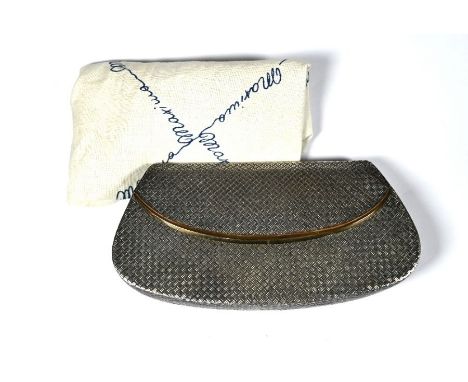 A Continental Art Deco white metal minaudière in the form of a clutch handbag with basket-weave decoration, mirror to inner l