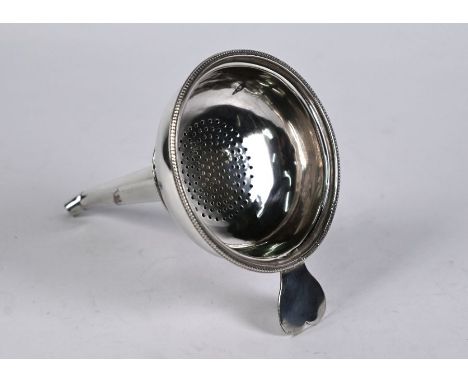 A George III silver wine funnel with beaded rim and heart-shaped thumb-piece, on detachable stem, Richard Evans, London 1787,