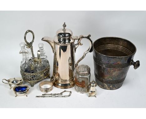 A silver three-piece condiment set, Birmingham 1966, an expanding Sterling bangle and a long-link watch chain, 7.6oz total we