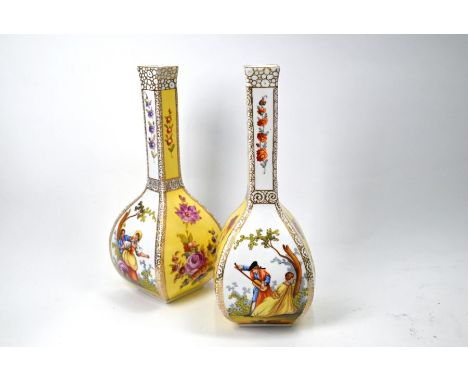 A pair of Dresden porcelain bottle vases of square baluster form, painted with alternating panels of 17th century courting co