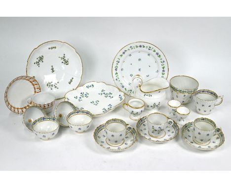 A First Period Worcester part tea service, decorated with blue and green floral sprigs and gilding, comprising reeded milk, s