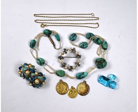 A collection of costume jewellery including a seed pearl and matrix turquoise necklace (a/f), circlet brooch set with culture