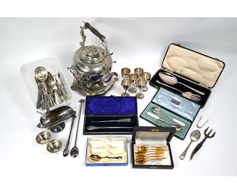 A quantity of Victorian and later flatware and cutlery - cased and loose - to/w a kettle on stand, egg cups, etc. (box)