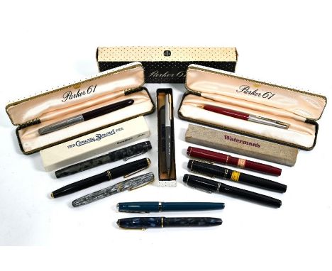 A selection of vintage pens including Parker 61 (boxed) and two boxed Parker 61 propelling pencils; boxed Waterman's 512V mar