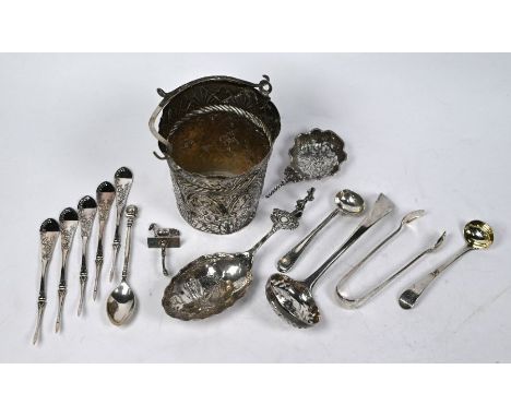 A 19th Century Continental white metal pail with swing handle, to/w two silver cabinet spoons with Edwardian import marks, a 