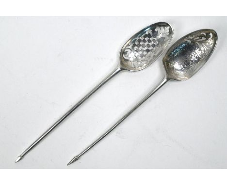 A Georgian silver mote spoon with pierced bowl and 'arrowhead' finial (marks distorted), to/w another mote spoon (possibly Co