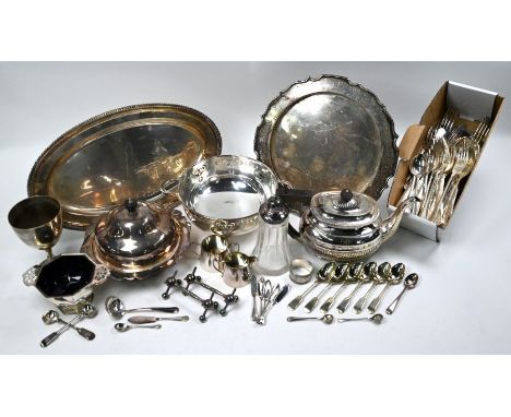 A box of electroplated wares, including oval platter, tea pot, muffin dish, set of flatware, set of six gilt fiddle pattern t