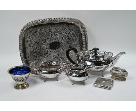 An epns three-piece tea service with pierced rim, on pad feet, to/w a silver hip-pocket cigarette case, Birmingham 1930, a Ro