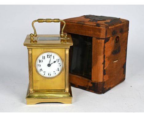 Duverdrey &amp; Bloquet, a brass single train carriage clock, the white enamel dial within a plain brass mask, 12 cm h to/wit