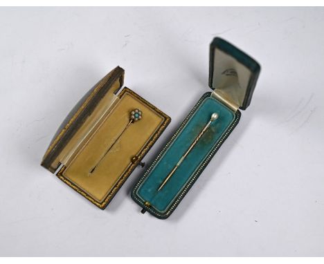 Two antique cased stick pins - one with single pearl, and one pearl and turquoise cluster (2)