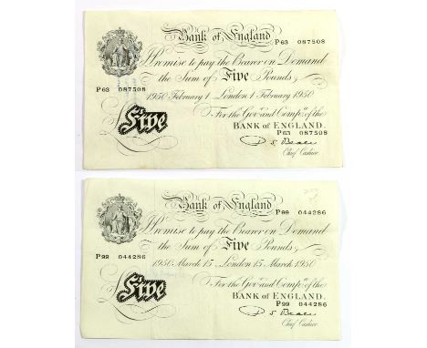 2 x Bank of England, White Five Pounds 1950, both signed Beale and dated London 1st February and 15th March respectively, (Pi