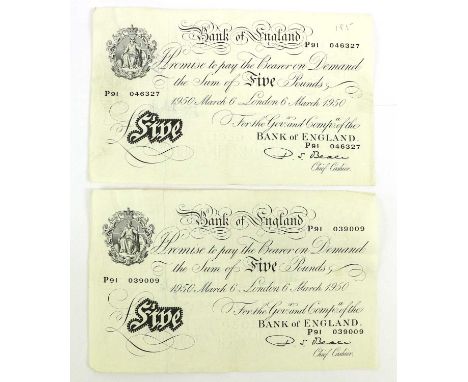 2 x Bank of England, White Five Pounds 1950, both signed Beale and dated London 6th March, (Pick 344), both with pen graffiti