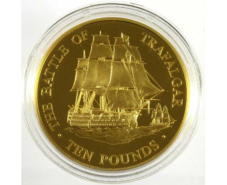 Guernsey, Gold Proof £10 (5oz) 2005 (.999 gold, 65mm, 5oz), 'Trafalgar Bicentenary', obv. Rank-Broadley portrait of the queen