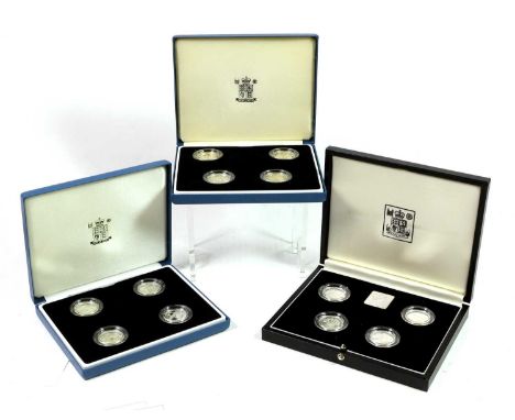 3 x UK Silver Proof Piedfort £1 4-Coin Sets, comprising: 1984-7 'Welsh Leek', English Oak', 'Scottish Thistle' and 'Northern 