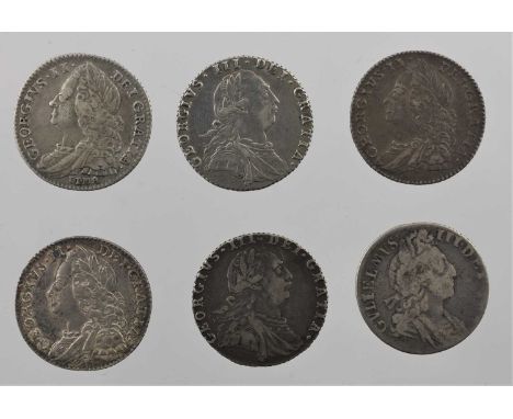 6 x Sixpences, comprising: 1697 Fair; 1746 LIMA Fine/GFine; 1757(x2) VF to AEF; 1787 rev. semée of hearts Fine; and 1787 rev.