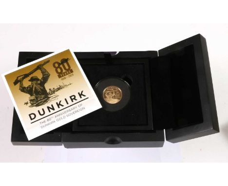 Isle of Man, Gold Proof Sovereign 2020 (.916 gold, 22.5mm, 7.98g) '80th Anniversary of Dunkirk', obv. Clark portrait of the q