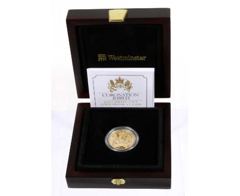 Jersey, Proof Gold £1 2013 (.916 gold, 22.5mm, 7.98g) 'Coronation Jubilee', obv. Rank-Broadley portrait of the queen, rev. Ro