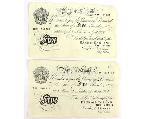 2 x Bank of England, White Five Pounds 1950, both signed Beale and dated London 24th March and 5th April respectively, (Pick 