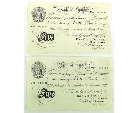 2 x Bank of England, White Five Pounds 1949 and 1950, both signed Beale and dated London 12th November 1949 and 31st March 19