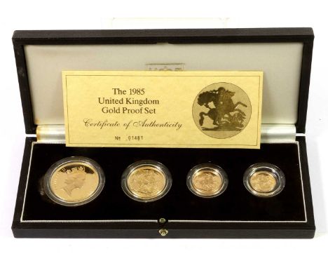 UK Gold Proof Collection 1985, 4-coin set comprising £5, double sovereign, sovereign and half sovereign, each with obv. Maklo