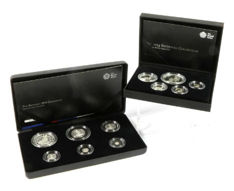 2 x Britannia Silver Proof Sets, comprising: 2013 5 coins: £2 (1oz), £1 (½oz), 50p (¼oz), 20p (⅒oz) and 10p (1/20 oz), each w