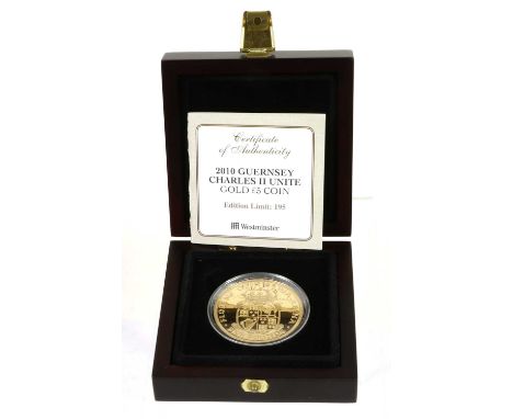 Guernsey, Gold Proof £5 2010 (.916 gold, 38.61mm, 39.94g) 'Charles II Unite', obv. Rank-Broadley portrait of the Queen, rev. 