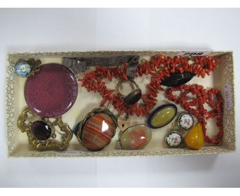 Coral Necklaces, banded agate and other brooches, earrings, ring, watch bracelet stamped "800", ceramic panel stamped 'Ruskin