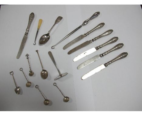 Silver Handled Knives, button hooks, silver fork, salt spoons, etc.