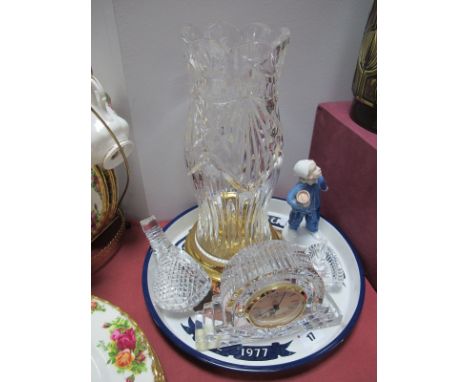 Waterford Crystal Hurricane Lamp, on circular brass base, mantle clock, gold driver paperweight, heart shaped ring stand, fig