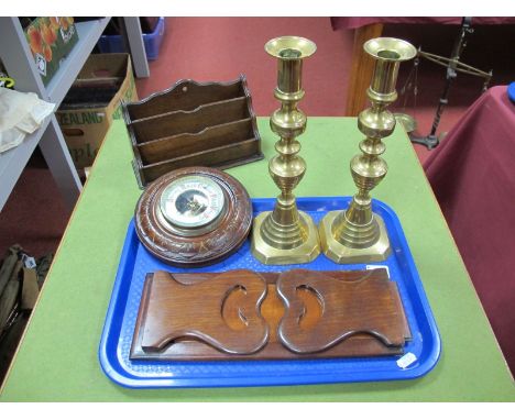 A Pair of XIX Century Brass Candlesticks, mahogany extending book rack, aneroid barometer, oak stationery rack, etc:- One Tra