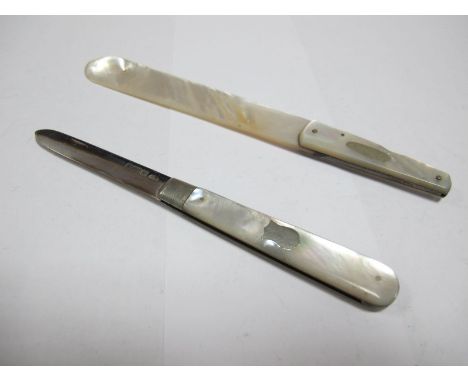 A Hallmarked Silver and Mother of Pearl Folding Fruit Knife, AS, Sheffield 1906, one scale with inset shield; A Mother of Pea