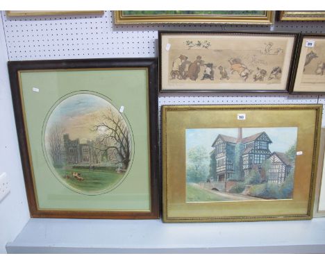 A W. Barber 'Moreton Old Hall' Watercolour, 31 x 45.5cm, signed and dated 1904, oval print of stately home. (2)