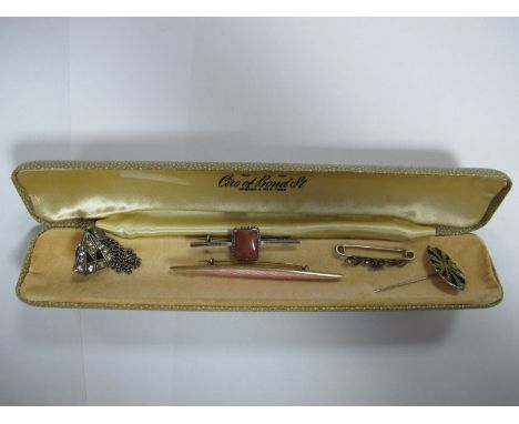 A Pink Enamel Bar Brooch, of elongated design, stamped "925S", an Art Deco style stick pin, a claw set bar brooch, rectangula