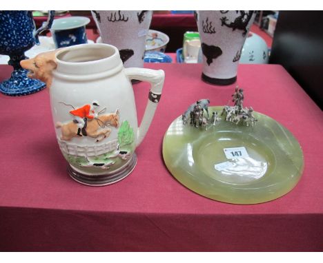 A Mid XX Century Onyx Ashtray, with applied Bergmann style cold painted hunting dogs with huntsmen and a kill, diameter 19.5c